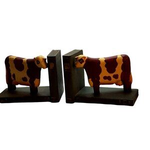 Vintage Country Wooden Painted Cow Bookends Green Red Spotted Farmhouse Decor
